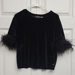 Karl Lagerfeld Velvet Top with Feather Accents